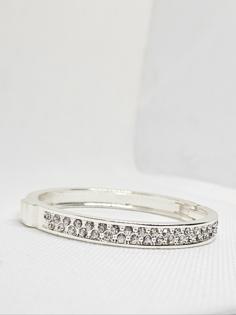 Silver Tone Clear Rhinestone Hinged Bangle Bracelet Sparkle Statement